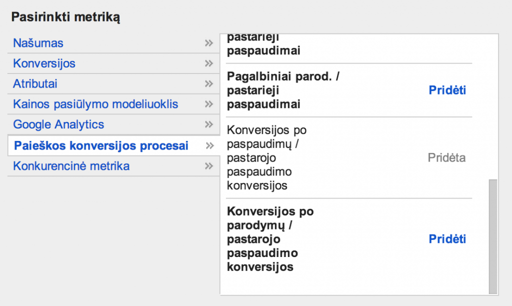 Golcas.lt - asistuojanciu metriku stulpeliu pasirinkimas