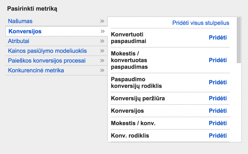 Golcas.lt konversijos stulpeliai