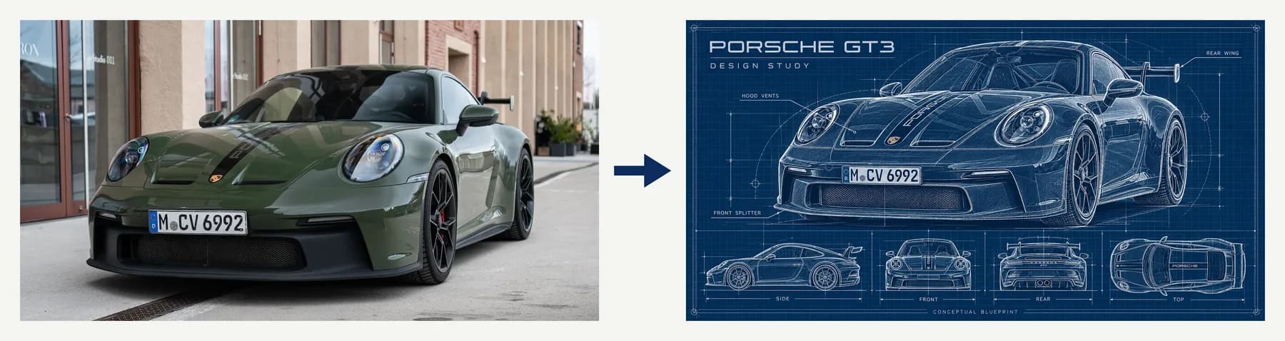 Porsche GT3 nuotrauka ir tas pats automobilis kaip mėlynas techninis brėžinys